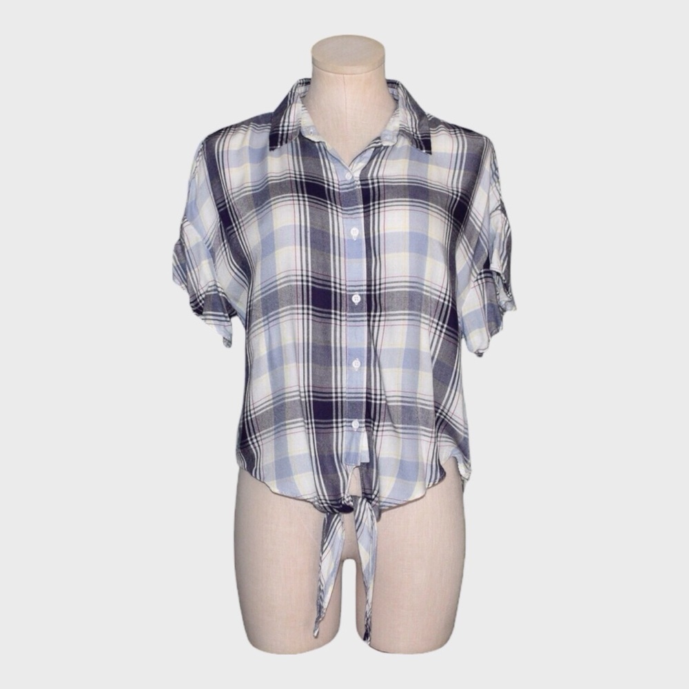 Mossimo Blue‎ Plaid Ruffle Sleeve Tie Front Button Up Shirt Soft Rayon